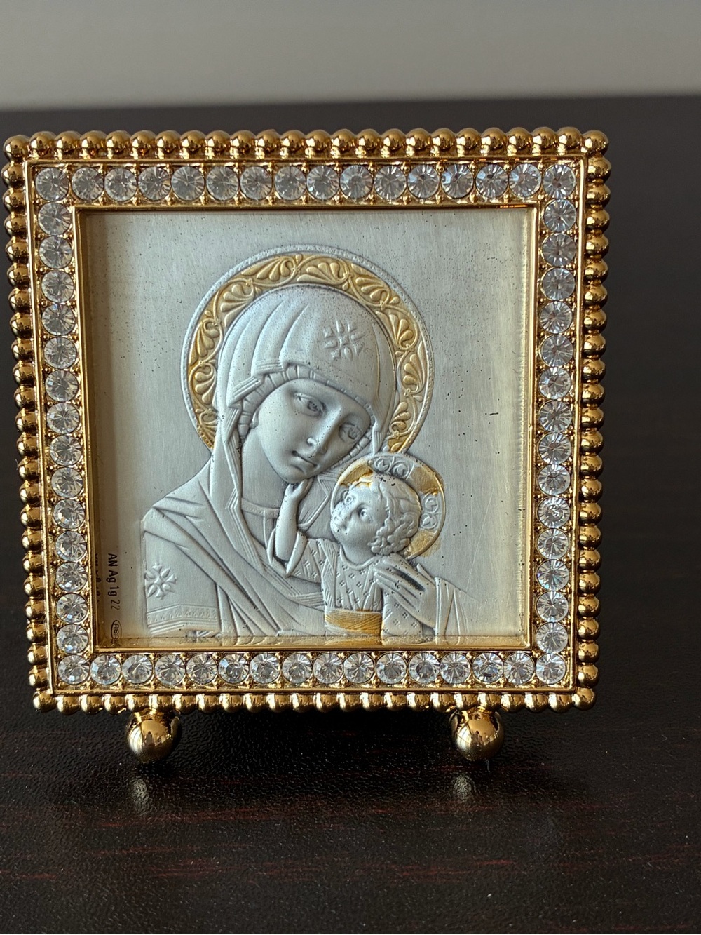 Sterling Silver Madonna and Child miniature plaque Crystal Frame